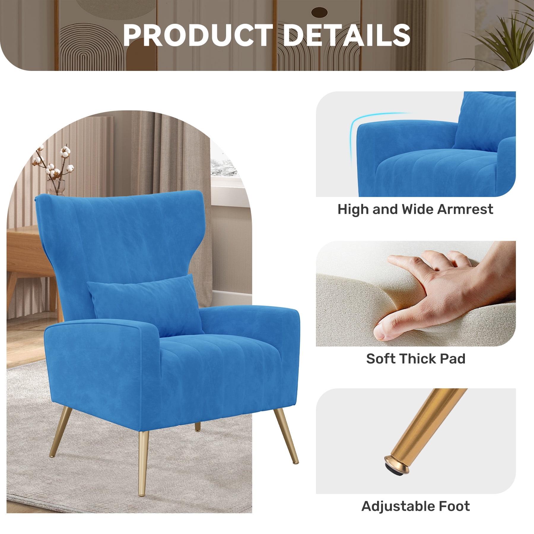 MOONMISS Velvet Accent Chair for Living Room, Modern Arm Chair with Pillow, Single Sofa Lounge Chair for Bedroom & Reading Room,Blue