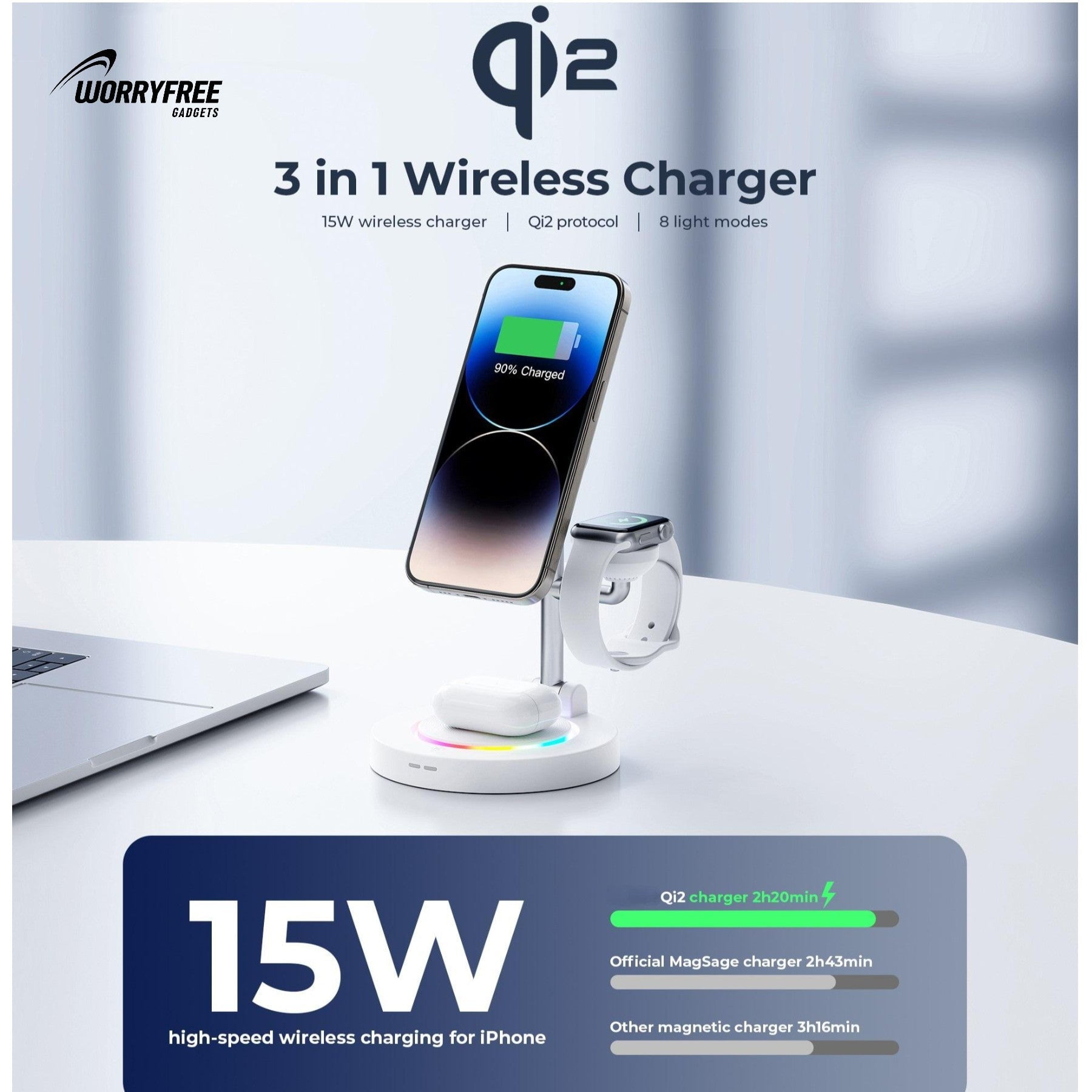 Worryfree Gadgets Qi2 3-In-1 Wireless Charging Station, 33w Travel Charger, Black
