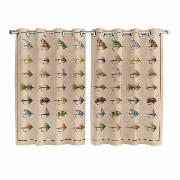 Ocean Fishhooks Kitchen Curtains Window Panels, Vintage Coastal Fishing Pattern Brown Insulated Window Treatment Curtain, Grommet Curtains for Bedroom/Living Room/Bathroom, 2 Piece 52"Wx63"L