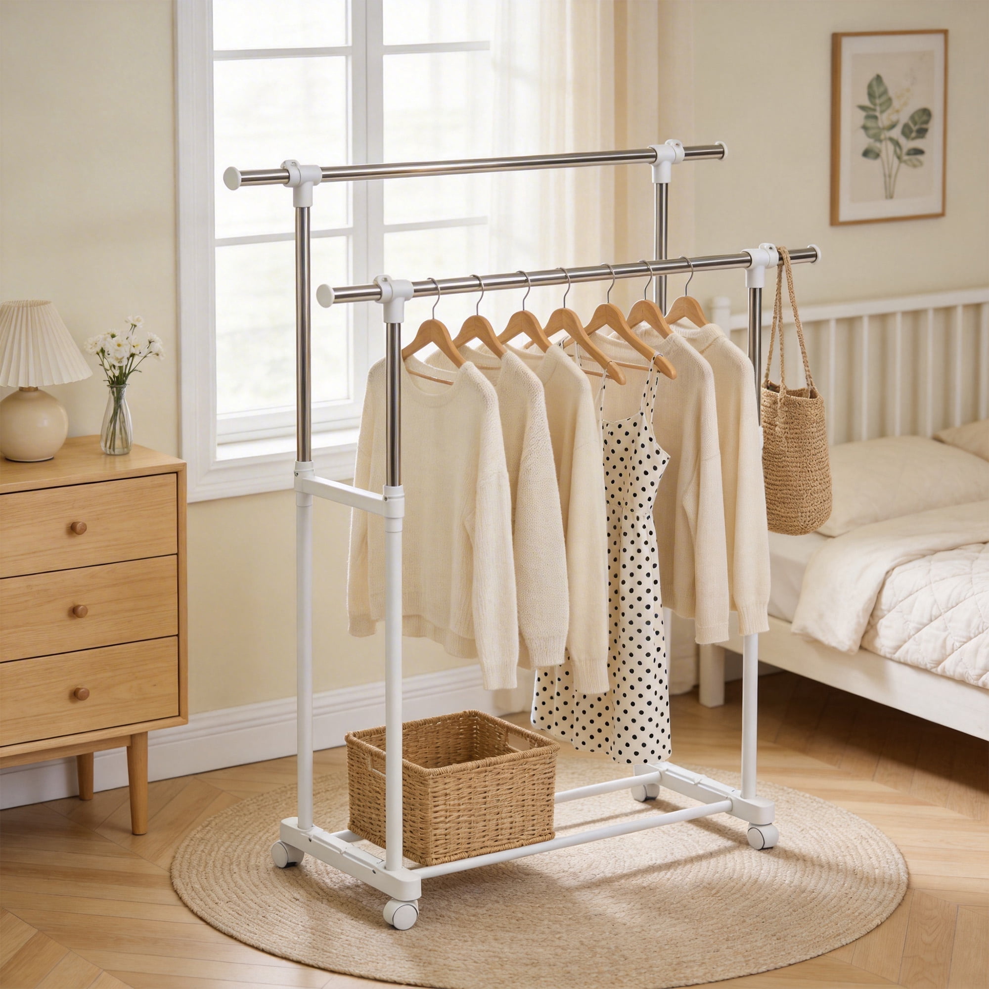 GARITIN Clothes Rack, Double Rods Rolling Clothing Rack, Portable Garment Rack with Wheels, Adjustable Height & Width, for Bedroom Laundry Room, White
