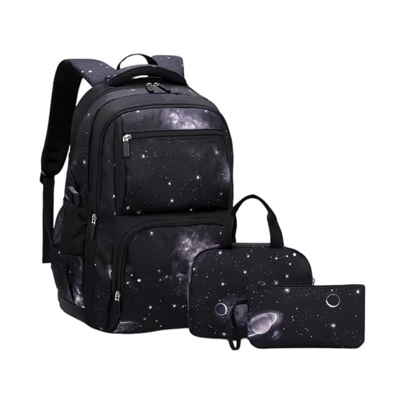 3 Pieces Space Galaxy Pattern Backpack Combo, Water Repellent Multi Compartment Laptop Backpack, Ergonomic Carry On Daypack with Lunch Bag & Pencil Pouch for Teenagers Campus Weekend Trip