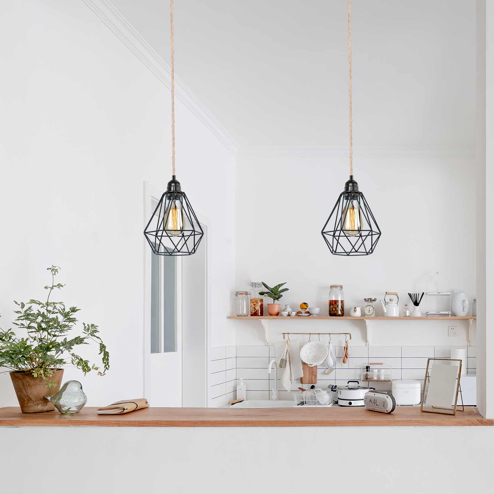 14.9ft Hanging Pendant Light Kit Farmhouse Hemp Rope Light Cord Metal Cage Lampshade Lighting Fixture with Switch Plug in for Bedroom Living Room Kitchen DIY Decor UL Listed E26
