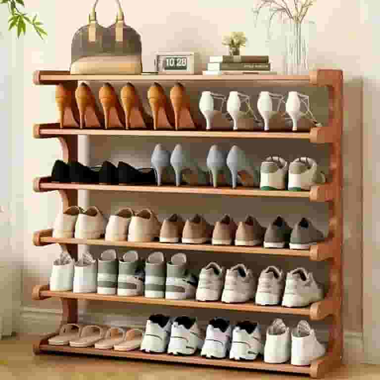 6-Tier Space Saving Bamboo Shoe Rack - Multi-layer, Individual Storage Boxes, Wood Grain Finish, Eco-friendly Material Furniture, Suitable for Dormitory and Entryway, Shoe Rack Suitable for Front Doo