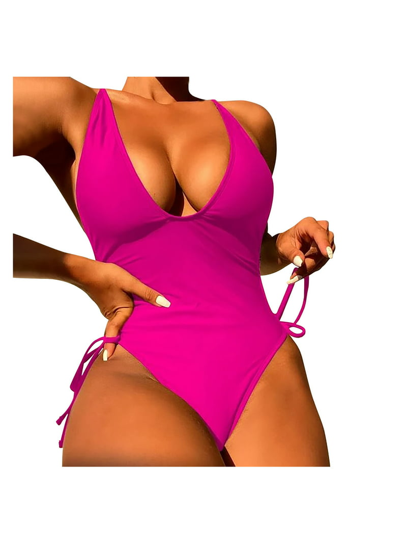 VSSSJ Women's Sexy Bathing Suits Solid Color Criss Cross Open Back One  Piece Swimwear Plung V Neck Side Tie Swimwear Sets Hot Pink S