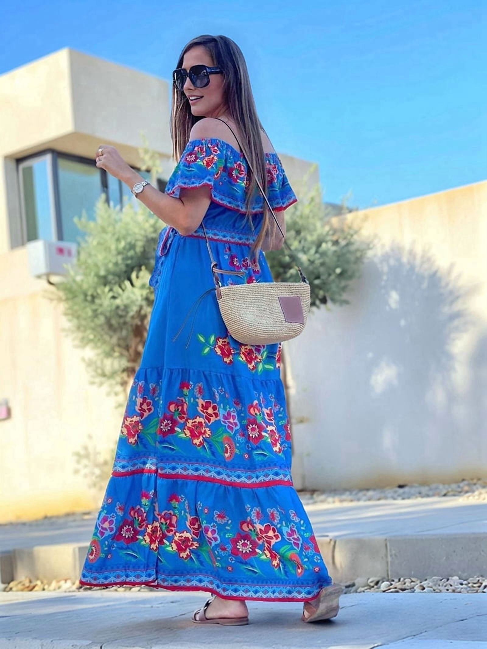 Women'S Mexican Dress Summer Floral Print Off the Shoulder Sleeveless Beach Long Maxi Dress Blue XXL