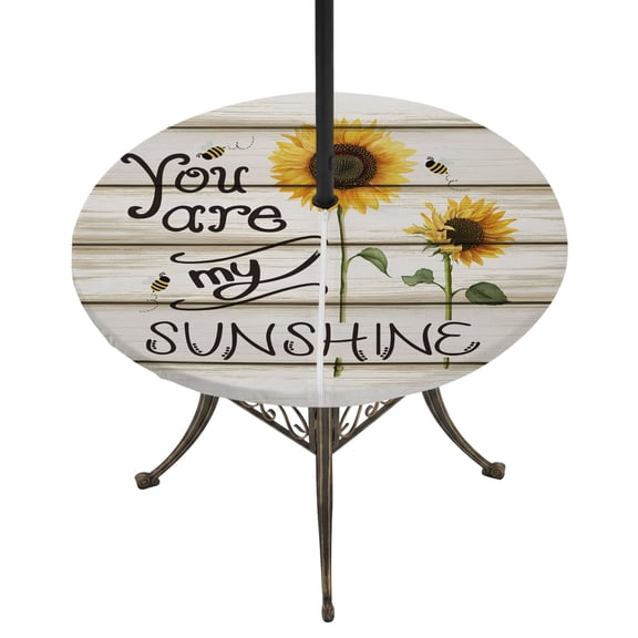 Round Outdoor Tablecloth with Umbrella Hole and Zipper, Sunflowers Tablecloth with Elastic Waterproof, Modern Bee You Are My Sunshine Wooden Grain Patio Table Covers for 45" - 54" Picnic Pool Tables