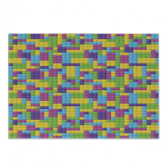 Cartoon Cutting Board, Colorful Plastic Construction Blocks Cube Geometric Illustration, Decorative Tempered Glass Cutting and Serving Board, Small Size, Purple Green Blue, by Ambesonne