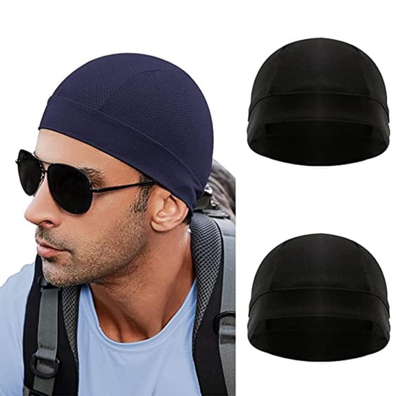 KANCOKIT 2Pack Men Skull Cap Helmet Liner Sweat Wicking Cycling Running Dome Beanie Hat Cooling, Black