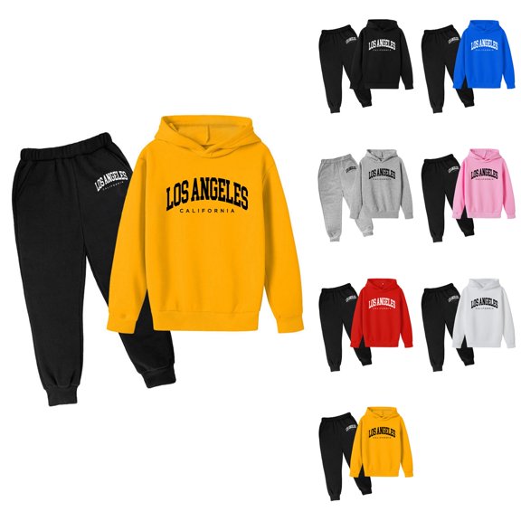 Kids' Autumn Winter Printed Hoodie & Joggers Set, Boys Girls Los Angeles Letter Print Long Sleeve Sweatshirt and Tracksuit Casual Outfit