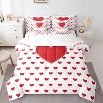 Manfei Love Heart Print Bedding Comforter Set 7 Pieces for Boys Girls,Red White Full Bedding Set Lightweight,Happy Valentine's Day Fitted Sheet Flat Sheet,Breathable Home Decor,Reversible
