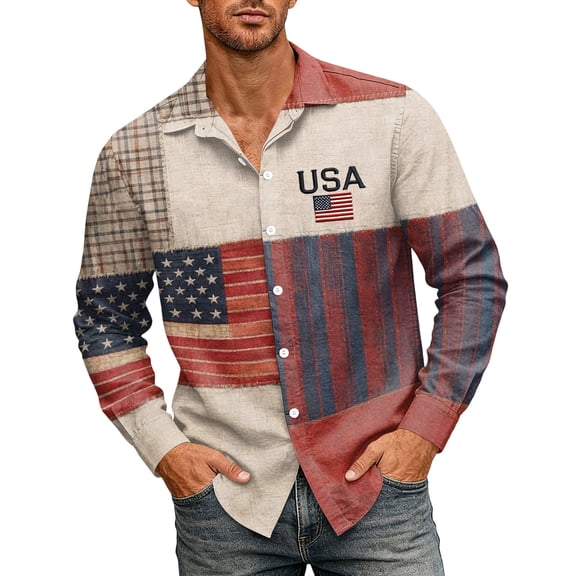 Domuza Fourth Of July Shirts for Men Usa Flag Print Casual Lapel Button-Up Long Sleeve T-Shirts Summer 2026 Trendy Comfortable Relaxed Fit Tops Dark Blue S