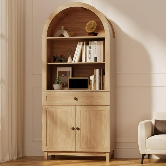 Arched Pantry Cabinet, 71" Kitchen Pantry Cabinet with Smooth Gliding Drawers and Adjustable Shelf, Wood Storage Cabinets Anti-Tipping, Modern Farmhouse for Living Room, Dining Room (Natural)