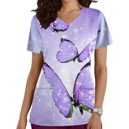 

Funicet Black and Friday Deals Plus Size Tops for Women Scrubs Tops Short Sleeve Working Uniform V Neck Nurse Shirts Butterfly Printed Blounce w/Pockets