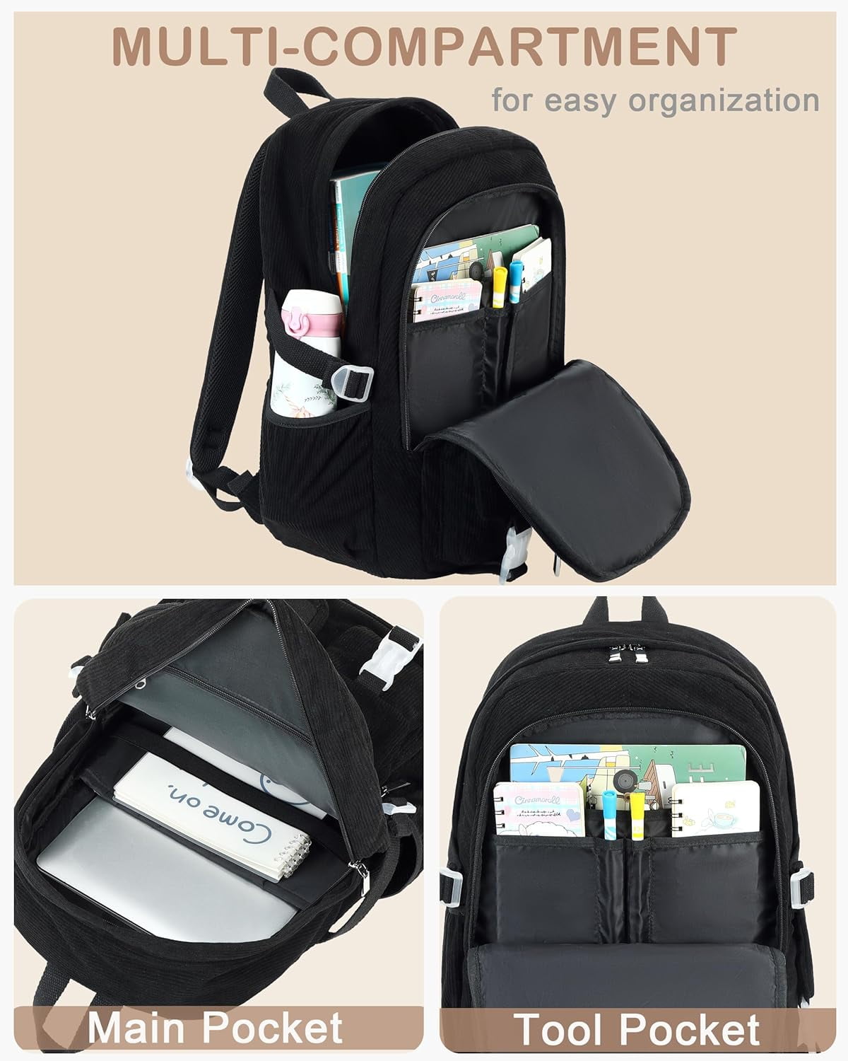 AO ALI VICTORY School Backpack for Teens Girls Women 15.6 Inch Laptop College Backpacks Corduroy Work Bag Kids Elementary Middle High Campus Bookbag Students Pack Travel Daypack Womens（Black）