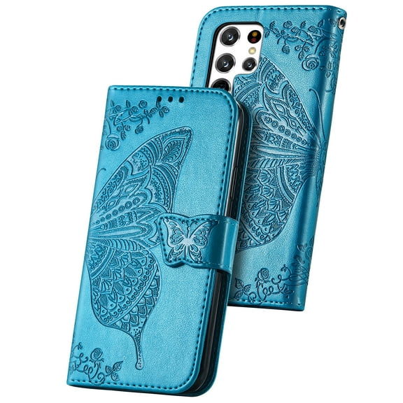Samsung Galaxy S22 Ultra Case 6.8" 5G 2022 - Allytech Bling Glitter Butterfly Hand Strap Folding Stand Flip Cover Shell Protective Cards Holder Wallet Case for Samsung Galaxy S22 Ultra - Blue