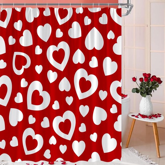 Rideau de Douche Saint-Valentin Romantique Cœur Rouge Amour Doux Amoureux de Mariage Moderne avec Crochets