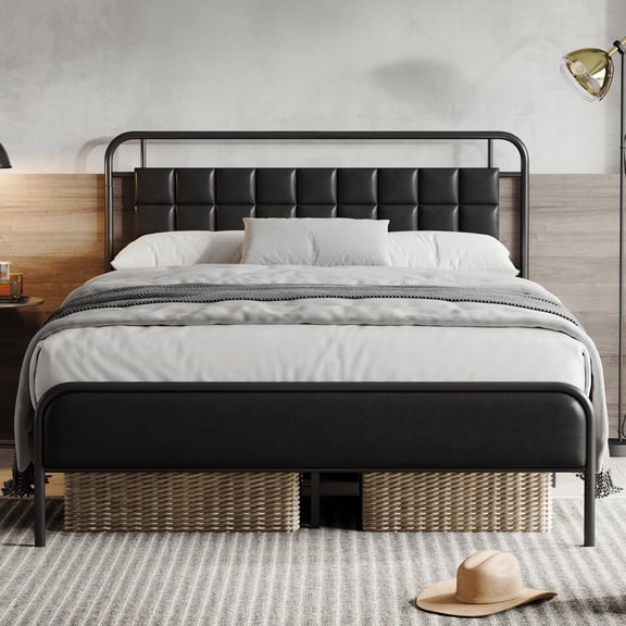Sailvan Queen Bed Frame with Headboard, Queen Size Bed Frame with Storage Space & Upholstered, No-Noise, Easy to Assemble, Black