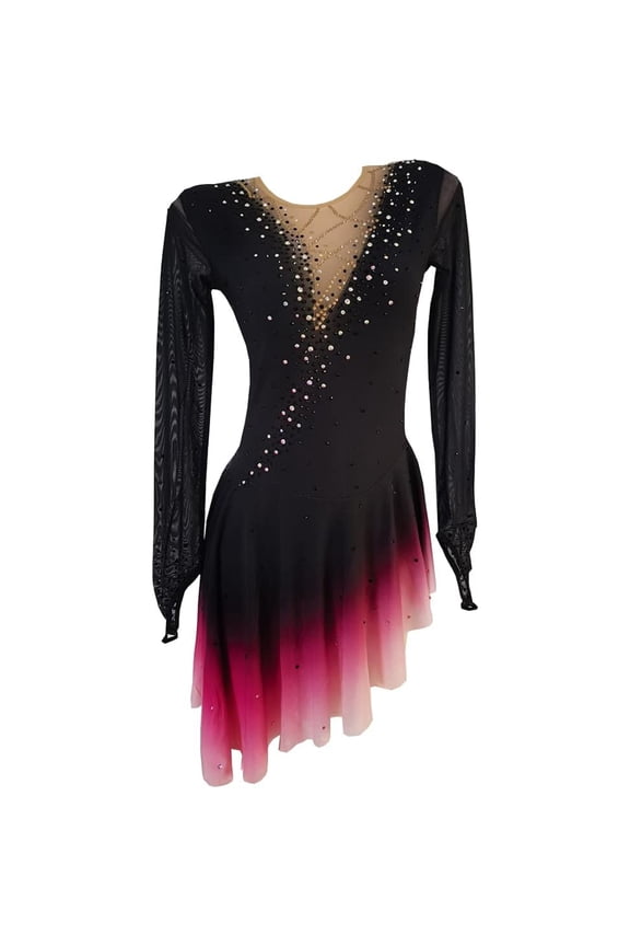 Black Figure Skating Skirt Rose Red Skirt with Gradient Mesh Hook Sleeve Girl Women Performance Purple
