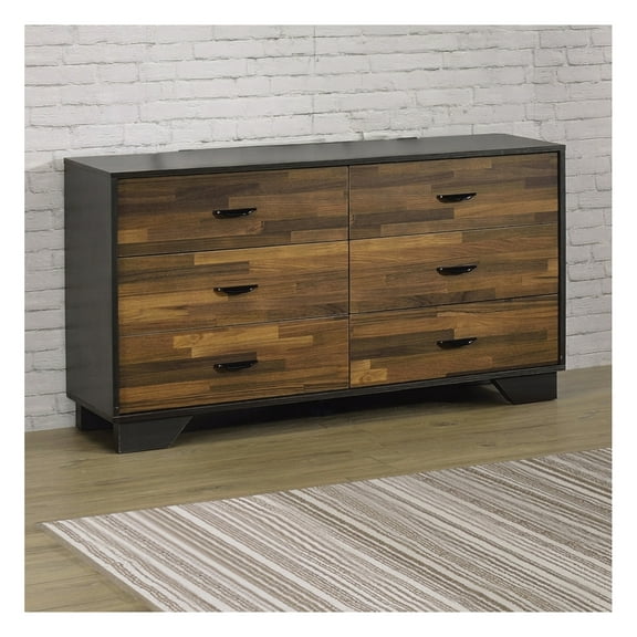 Walnut & Black 6-Drawer Bedroom Dresser, Modern Storage Cabinet