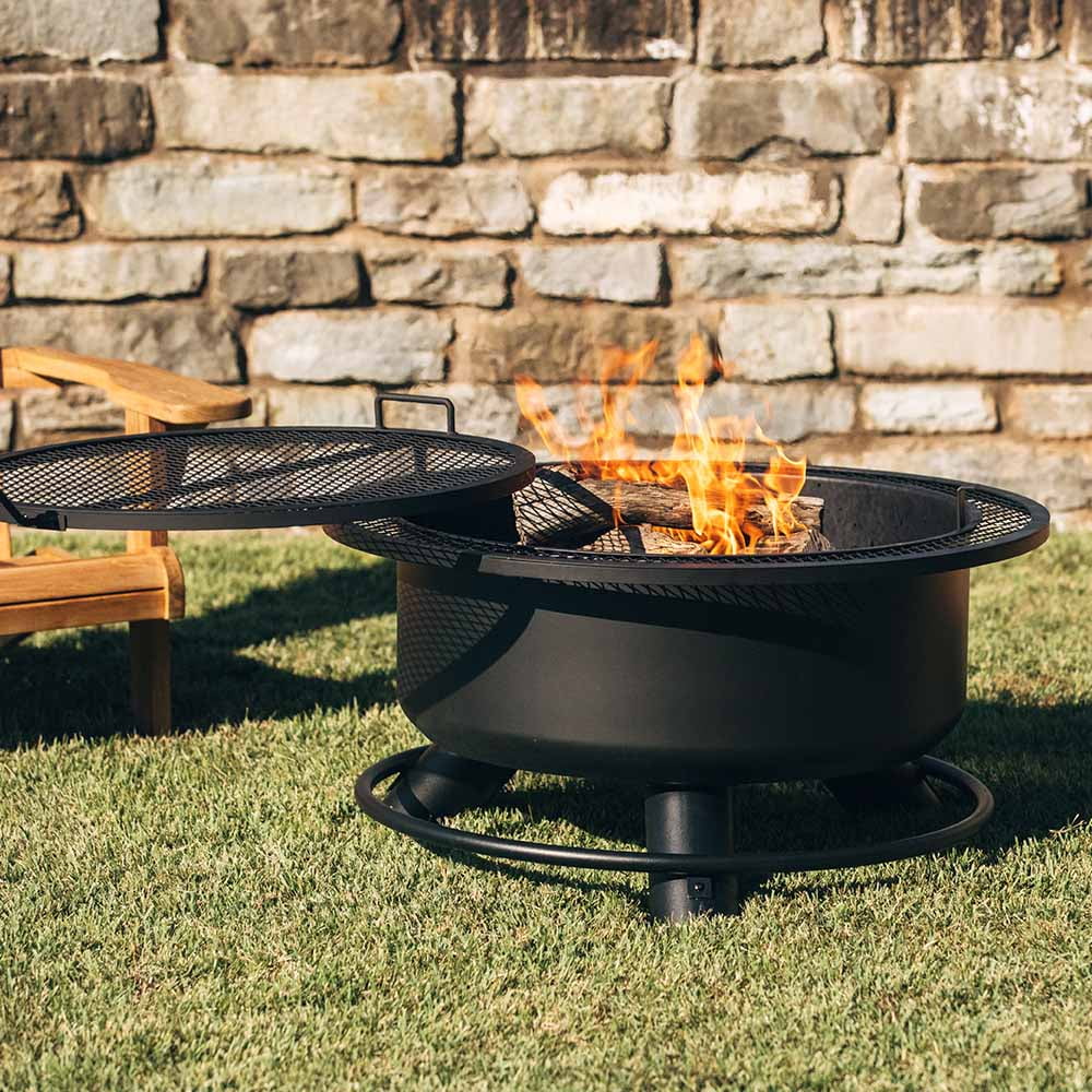 Ash & Ember 38" Round Black Steel Wood Burning Fire Pit with Swivel Cooking Grate and Poker