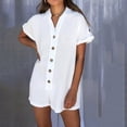 thumbnail image 4 of Wycnly Womens Jumpsuits Summer Casual Cotton Linen Button Down Shirt Short Jumpsuits Trendy Solid V-Neck Short Sleeve Mini Rompers for Women, 4 of 7