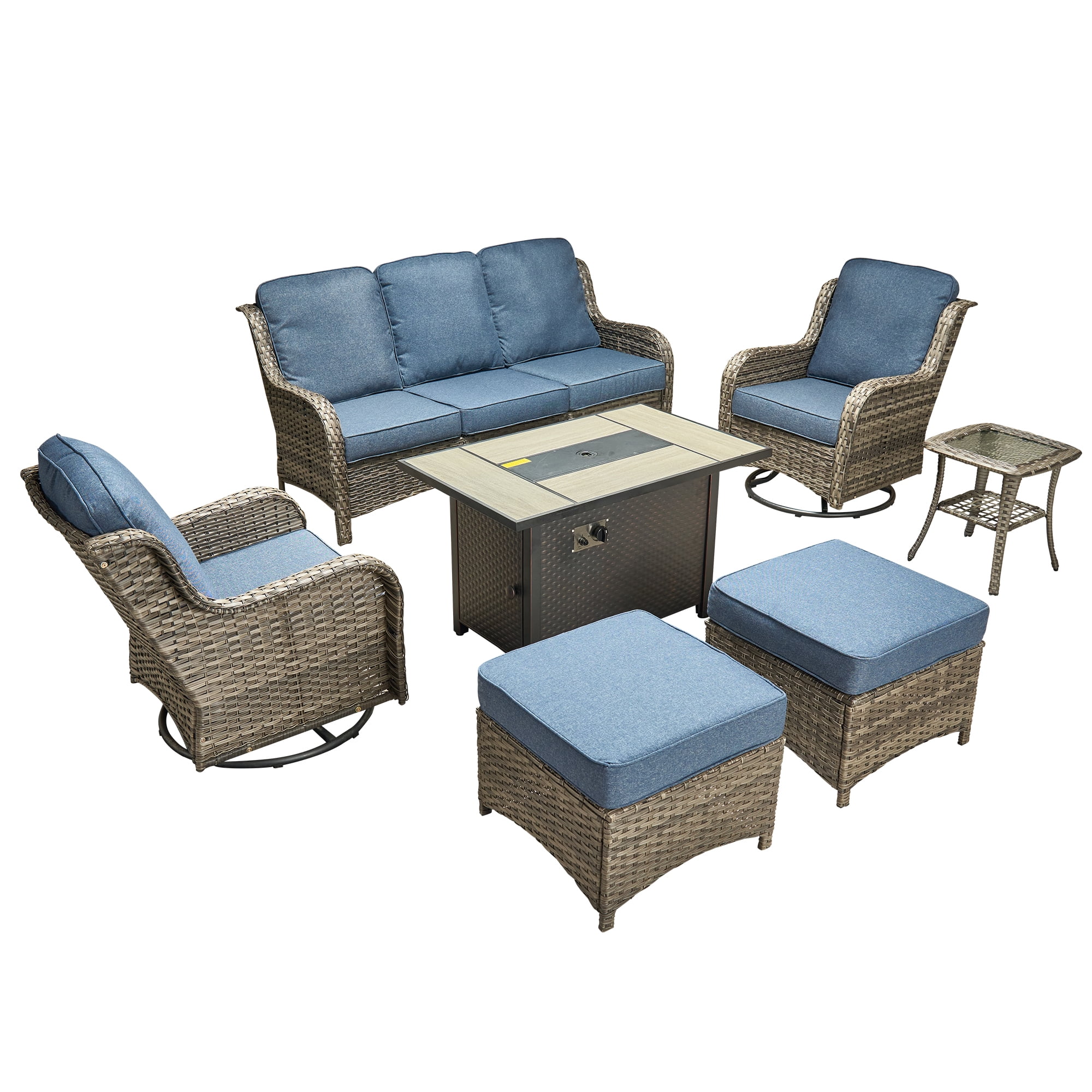 Ovios 7 Piece Outdoor Patio Furniture Set All-Weather Wicker Rattan Conversation Set with High Back Swivel Chairs & Propane Fire Pit Table, Denim Blue