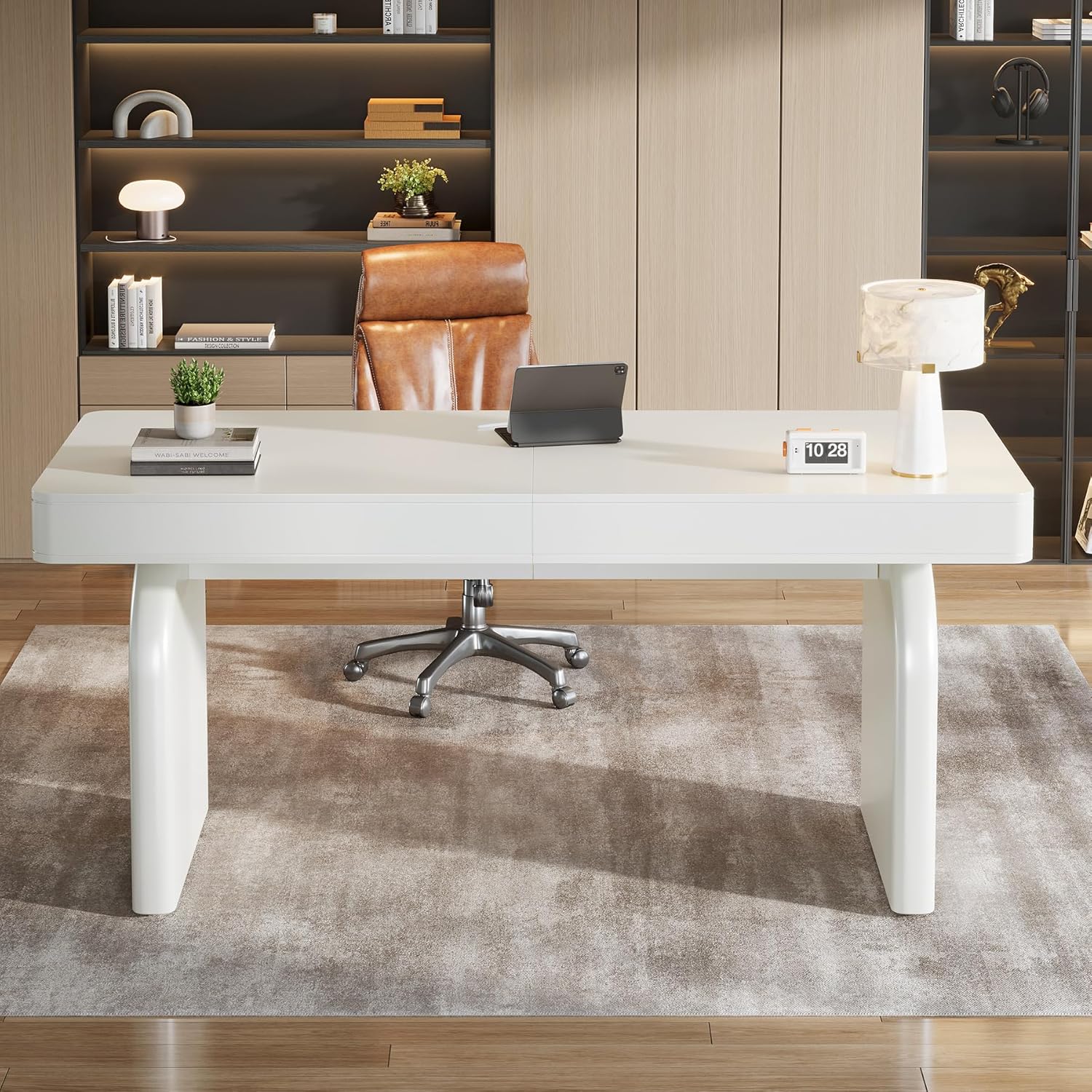 Finmind 63-Inch White Desk with Drawers, Modern Glossy Executive Office Desk, Elegant Writing Computer Table for Home Office or Study, Cream White