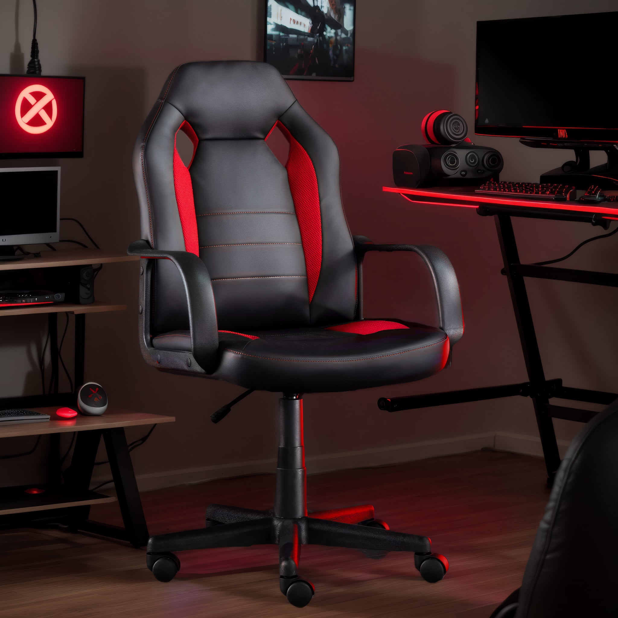Snugway Ergonomic Gaming Chair - Adjustable Swivel Computer Desk Chair with PU Leather，Red