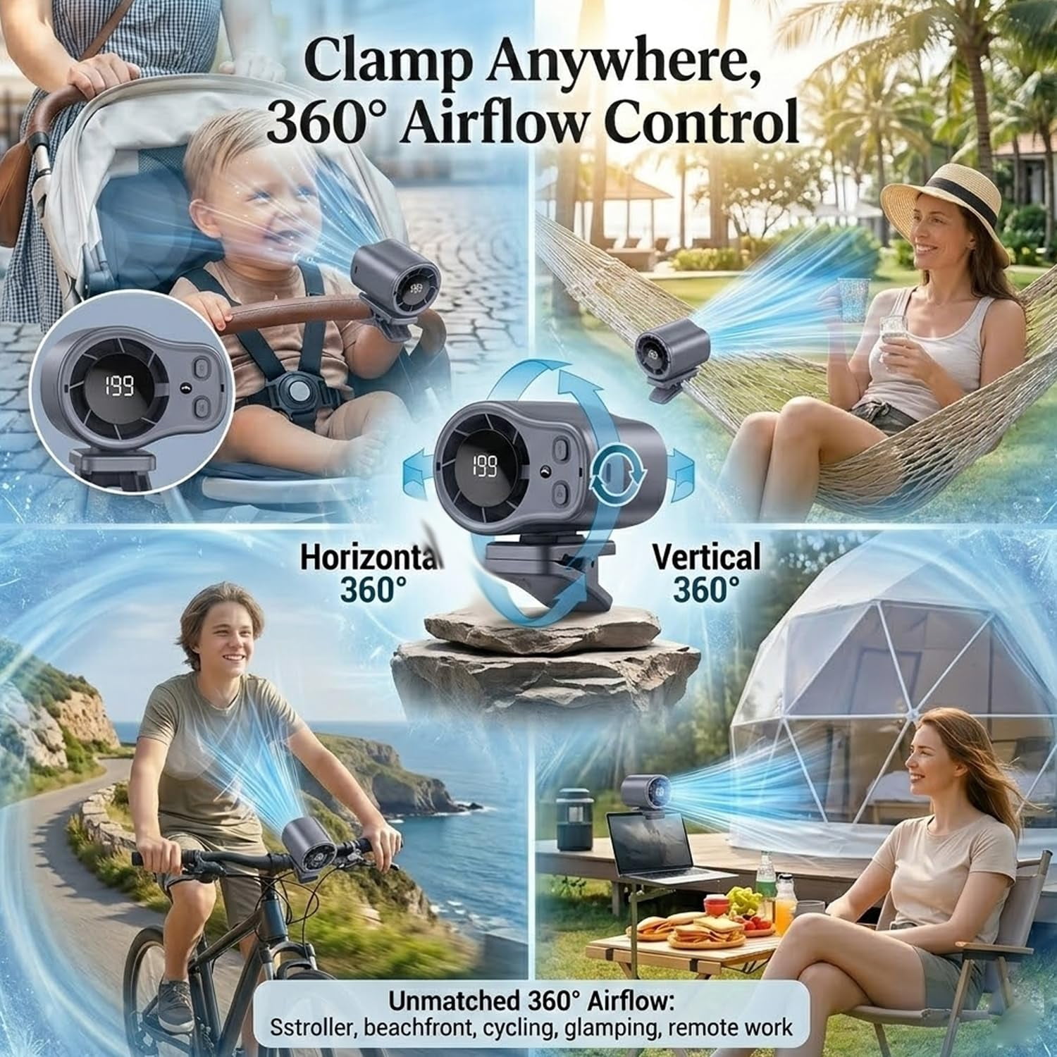 2026 Car Clip on Air Conditioner Fan with LED Display - 360° Rotation, 199 Speeds & Semi-Cooling Technology, USB Rechargeable Personal Fan, Hands-Free Clip on Fan for Cars, Work, Camping