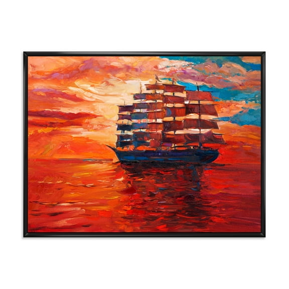 Designart 'Frigat During Red Evening Glow On The Ocean Horizon' Nautical & Coastal Framed Canvas Wall Art Print