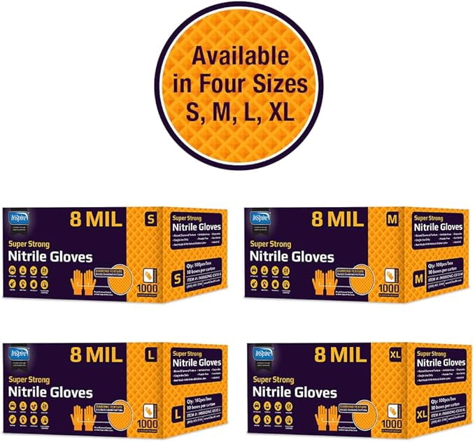 Inspire Heavy Duty Orange Nitrile Disposable Gloves | ULTRA 8 Mil Diamond Textured Grip | Industrial Mechanic Food (1000, XXL)