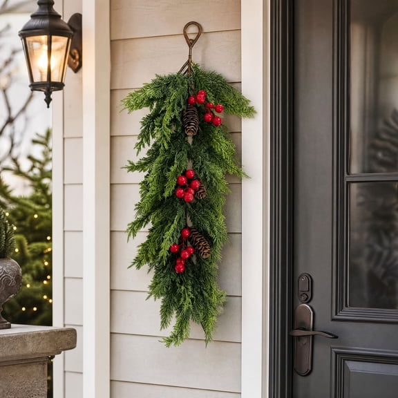 23.62 in Artificial Christmas Teardrop Swag, Pine Needle Wall Hanging with Red Berries & Pinecones, Festive Door Arch Home Holiday Decor