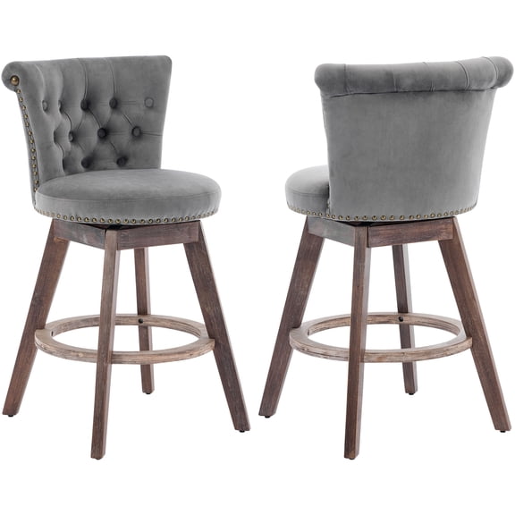 PAPROOS Bar Stools Set of 2, 26" Swivel Counter Height Bar Stools with Back, Upholstered Velvet Kitchen Island Counter Height Chair with Button Tufted Back, Nailhead Trim and Wood Legs, Grey