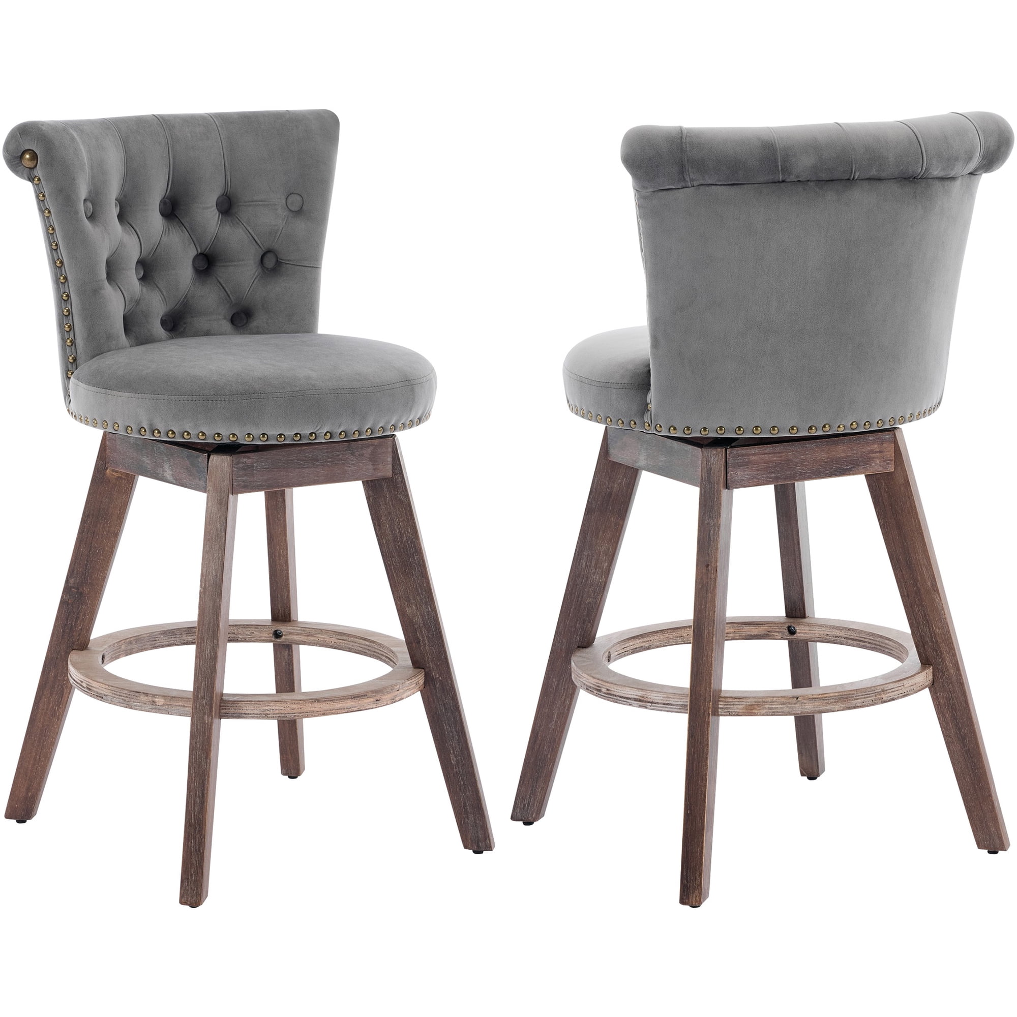 PAPROOS Bar Stools Set of 2, 26" Swivel Counter Height Bar Stools with Back, Upholstered Velvet Kitchen Island Counter Height Chair with Button Tufted Back, Nailhead Trim and Wood Legs, Grey