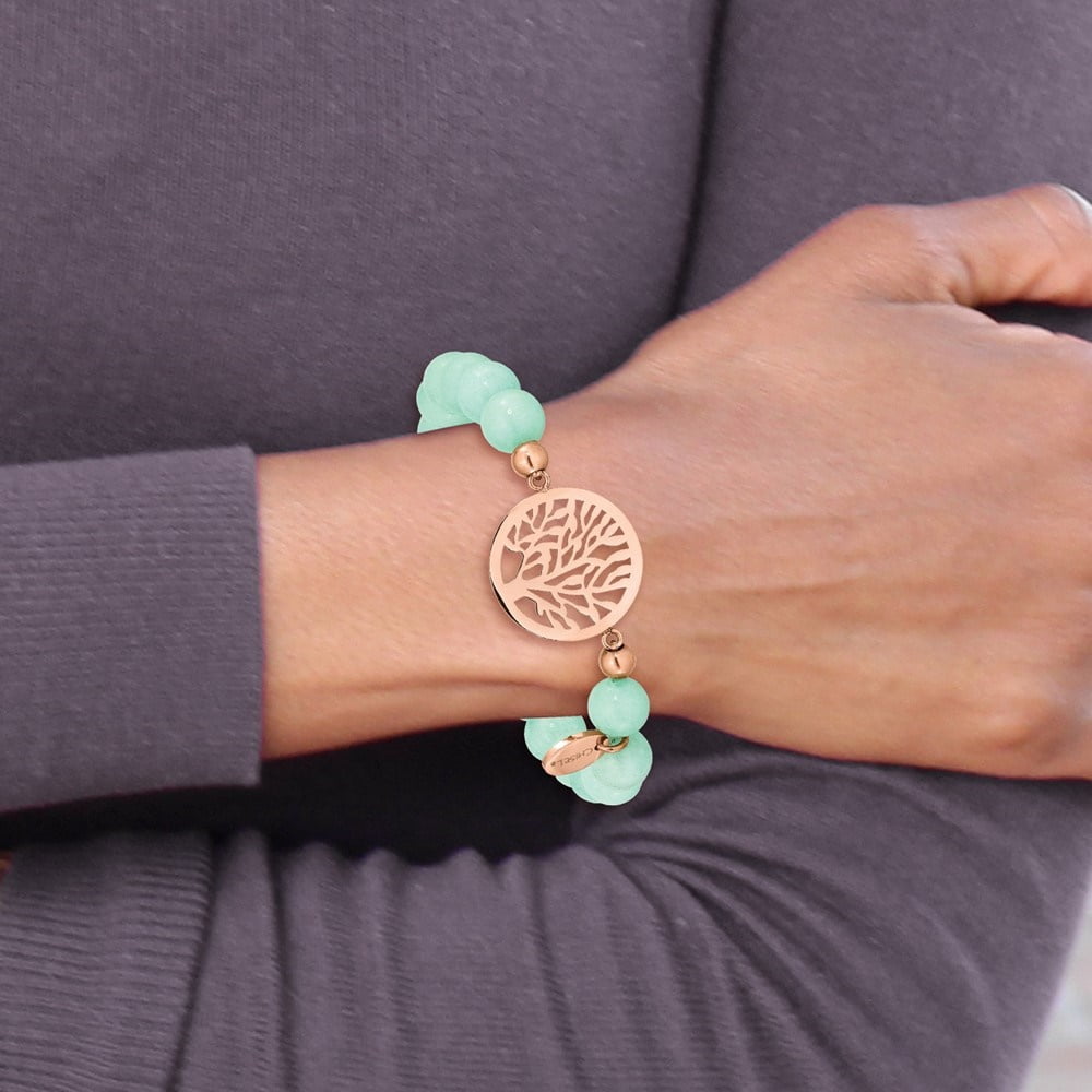 Diamond2Deal Stainless Steel Rose IP-Plated Tree of Life 8mm Green Dyed Jade Beaded Stretch Bracelet for Women 6"
