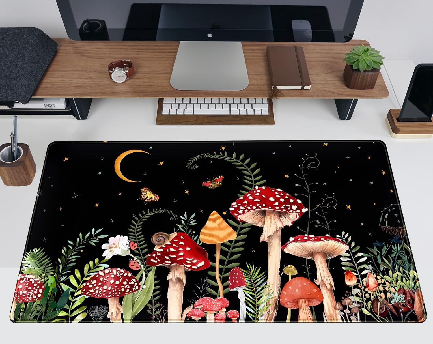 Ferns Leaves Cute Mushrooms Desk Mat Kawaii Green Plants Mouse Pad Xl Mat Large Gaming Desk Pad For Desk Decor Laptop Computer Keyboard Pad Desk Home Office For Women With Stitched Rounds 31.5x15.7 I