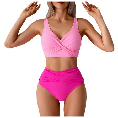 2DXuixsh 2Pcs Women s 2 Piece Bikini Set Summer Tankini Beachwear Belly Covering High Waist Swimsuit Bikini Bottom Swimwear Sexy Two Piece Swimsuit Pink Size Xl