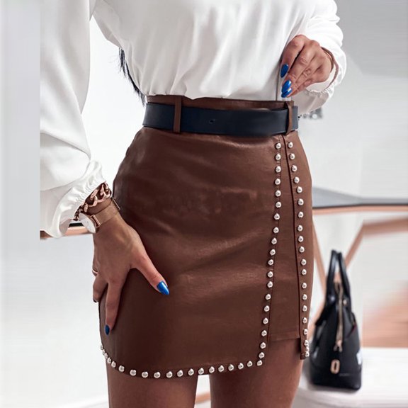 Idoravan Women's Basic Versatile Skirt Clearance Fashion Womens Sexy Leather Skirt Solid Beading Skirt Split Skirt Mini Skirt