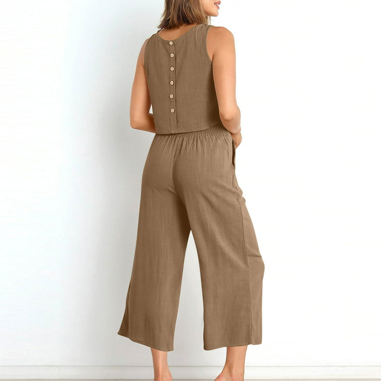 Buy Brown Linen Square Neck Sleeveless Crop Top And Pant Set For