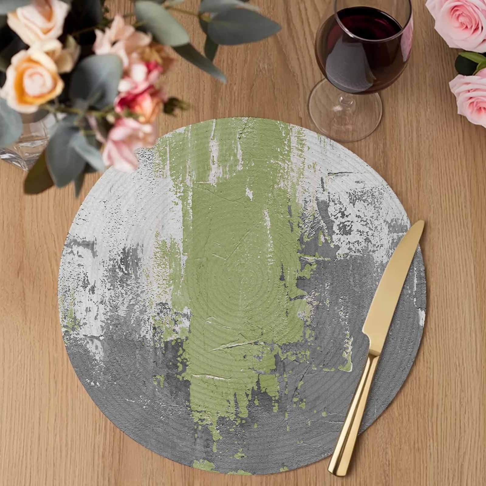 Sage Green Cement Gray Round 13 Inch Placemats Set of 2, Modern Abstract Art Green HeatResistant Non Slip Place Mats for Dining Table, Wipeable Braided Kitchen Table Mats for Housewarming