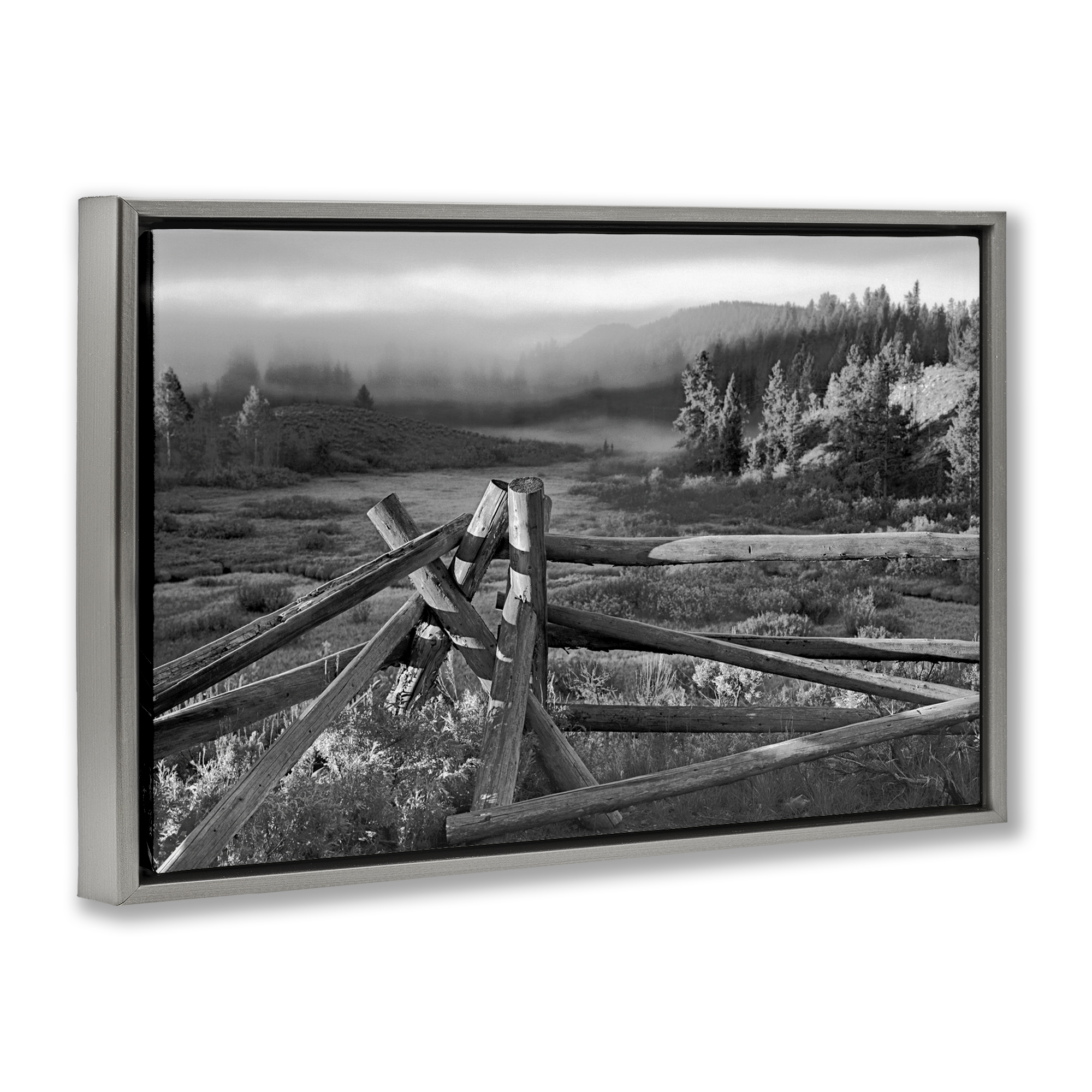 Grand Tetons Fence Beyond Gray Framed Floater Canvas Wall Art, design by MJ Photography