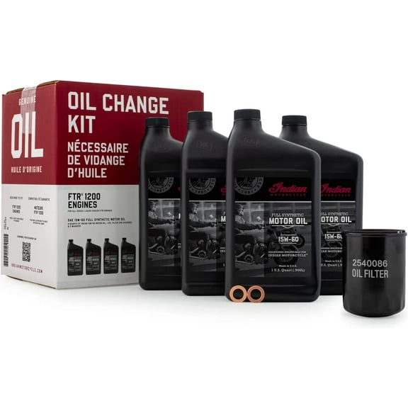 Indian Motorcycle Oil Change Kit for Specific FTR Models Including 1200, S, Rally, Sport, Carbon and More, Includes 4 Quarts 15W-60 Full Synthetic Oil, 1 Oil Filter, 2 Washers - 2884182