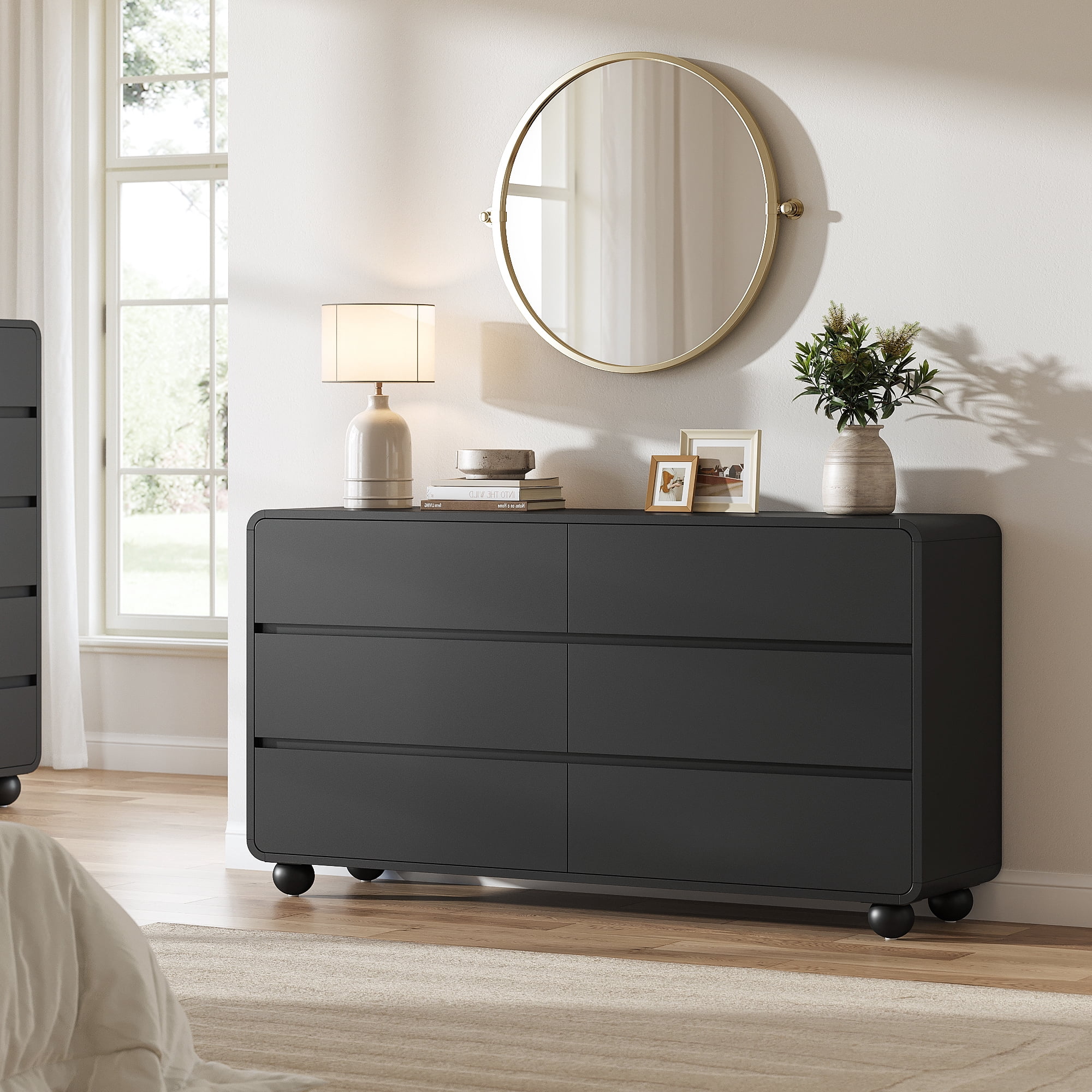 Aufeile Dresser for Bedroom, 6 Drawer Dresser & Chest of Drawers, 53" Modern Chest of Drawers with Curved Profile Design, Wood Dresser Storage Organizer for Adults, Black