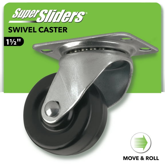 Super Sliders 1.5 inch Swivel Plate Caster with 360° Rotation, 40 lb Load Capacity, Non-Marking Black Rubber Wheel - 1 Pack
