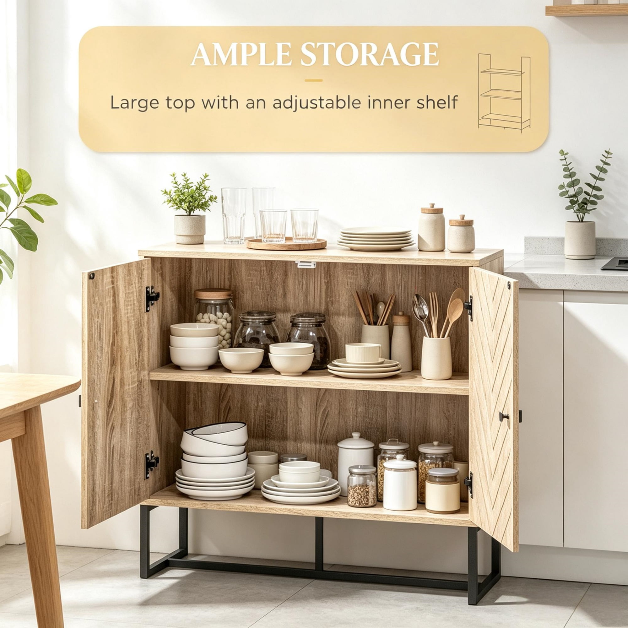 31.5" Modern Buffet Cabinet, Adjustable Shelf, Steel Base, 2 Chevron Doors Sideboard