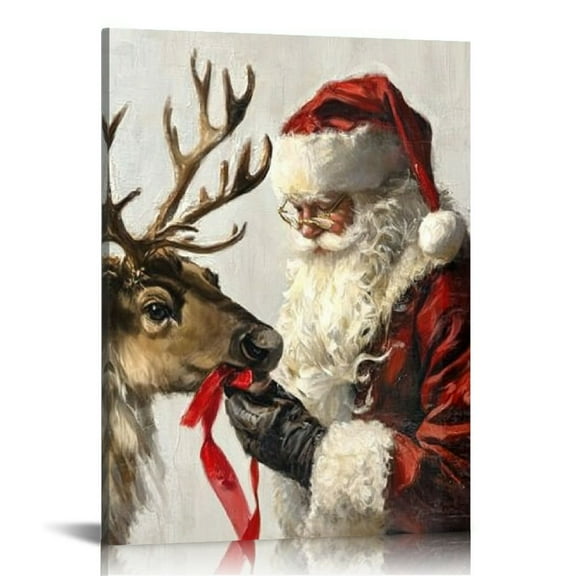 ARISTURING Christmas Canvas Wall Art Santa Claus with Reindeer Pictures Winter Scene Painting Prints Xmas Home Decor 12x16 in