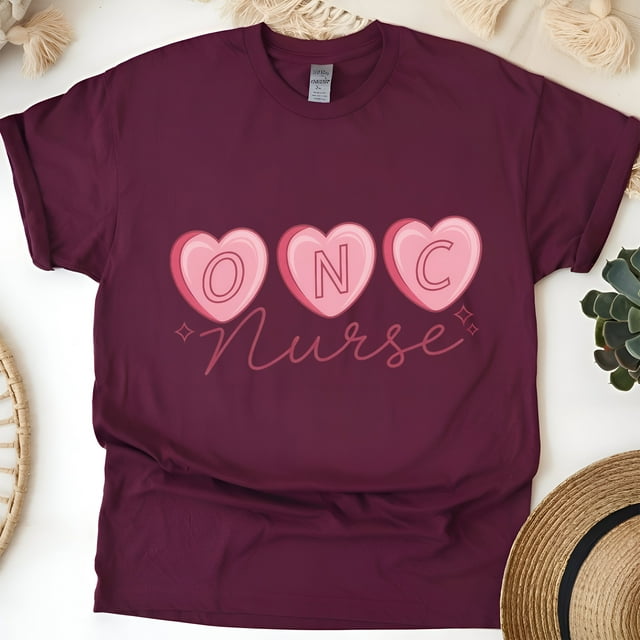 ONC Nurse Graphic T-Shirt with Pink Heart Letters Design, Maroon, Size S