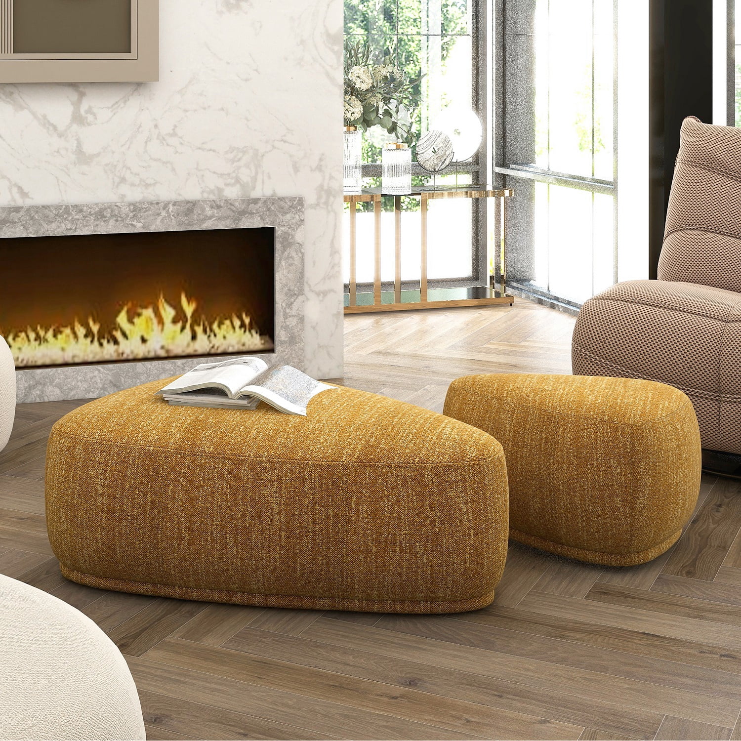 Jennifer Taylor Home Pebble 44" & 26" Rounded Triangle Cocktail Ottoman Set, Mustard Yellow Tweed