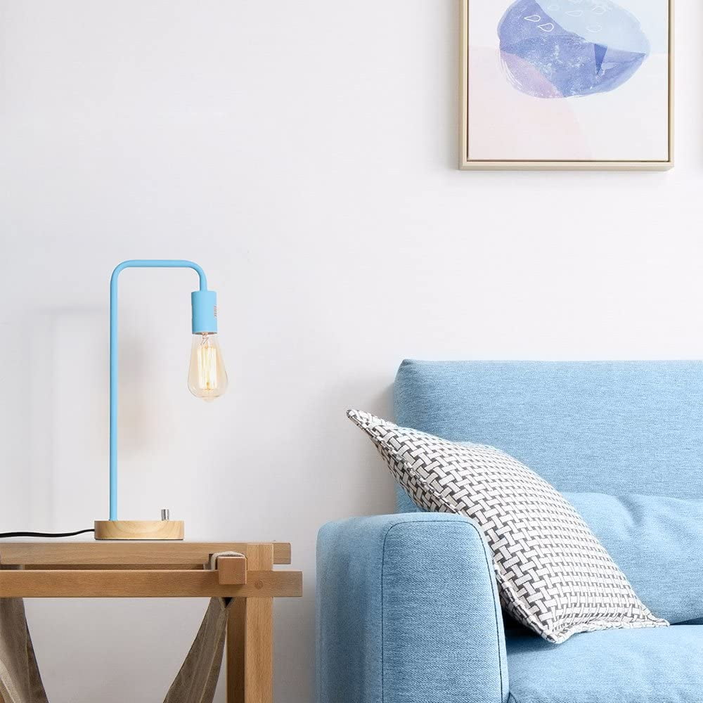 Blue Industrial Table Lamp, Wooden Base with Metal Frame and Rotary Switch