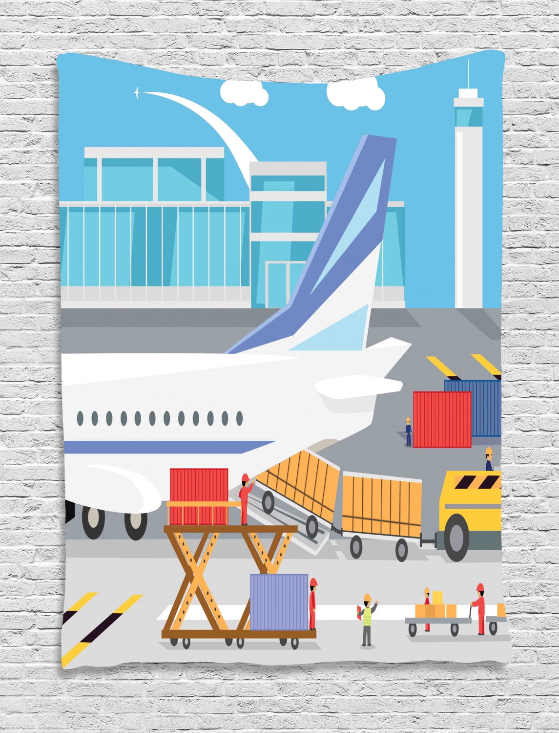 Airport Tapestry, Transportation Cartoon Composition of Loading Freight  Containers in Cargo Plane, Wall Hanging for Bedroom Living Room Dorm Decor,  40W X 60L Inches, Multicolor, by Ambesonne 